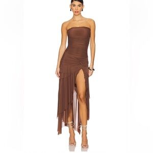 Guizio X Revolve Lyla Twist Dress Brown mesh Midi strapless New XS